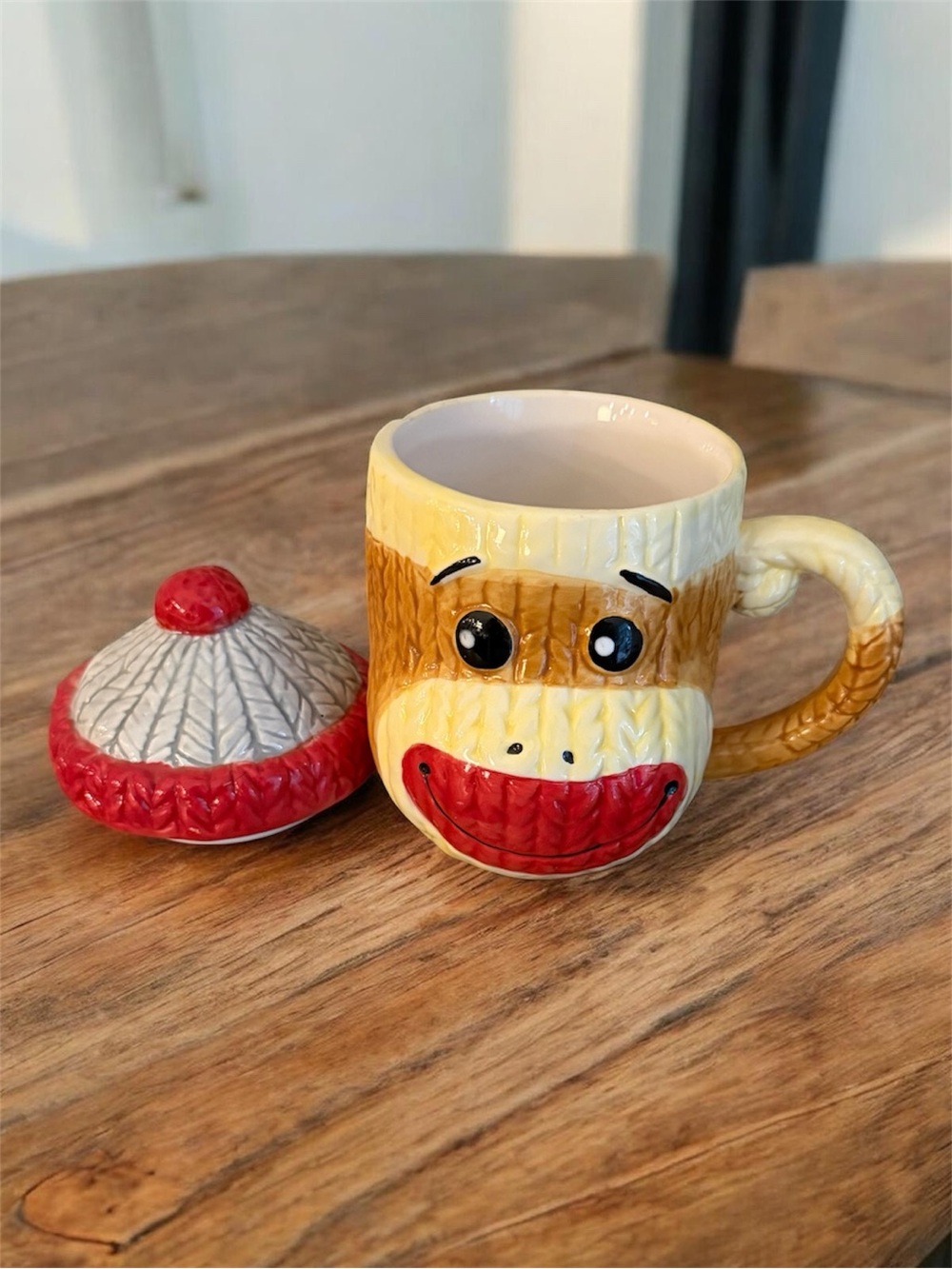 Monkey sock Face Ceramic Mug with hat Lid - Home Accents